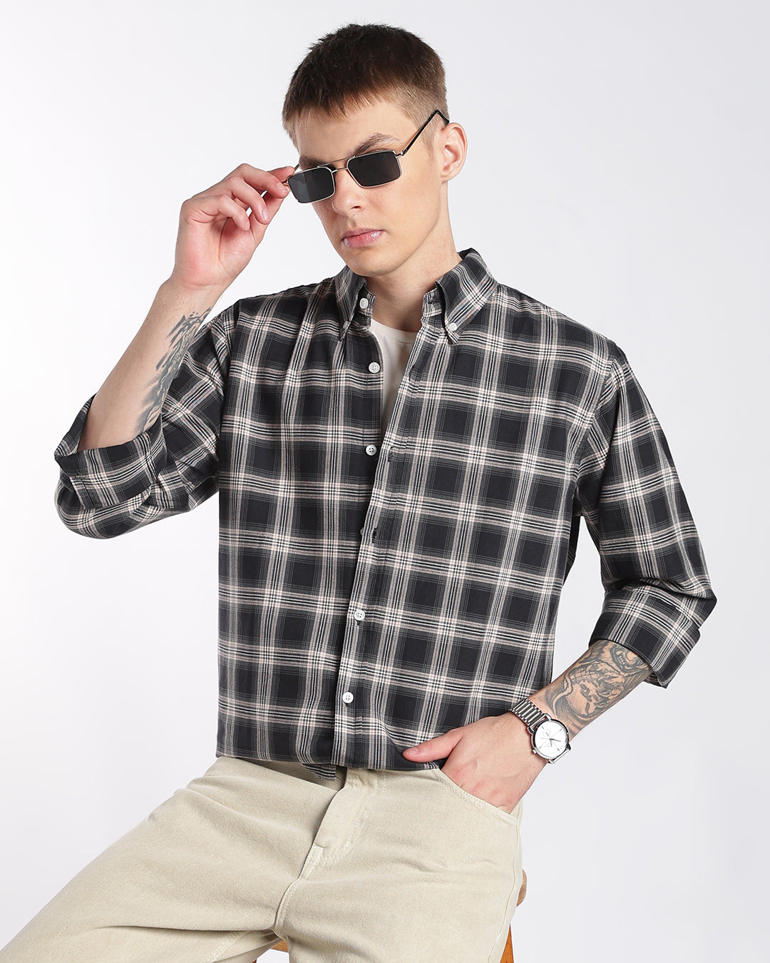 Charcoal & Cream Button-Down Plaid Regular Fit Shirt