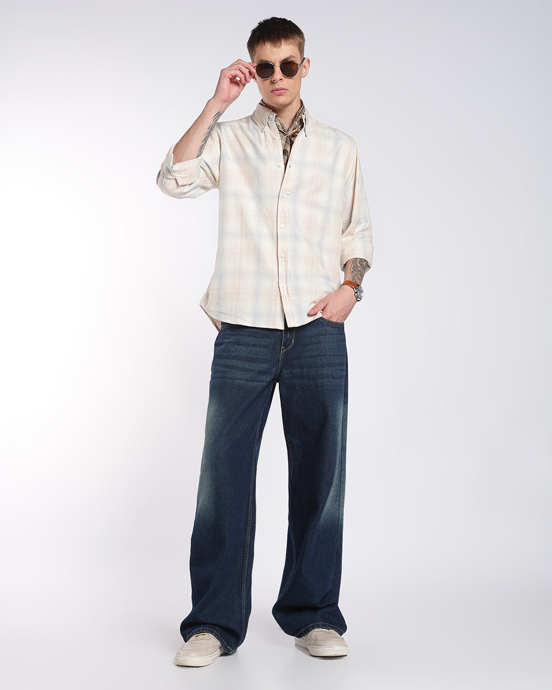 Light Peach & Blue Multi-Check Regular Fit Shirt