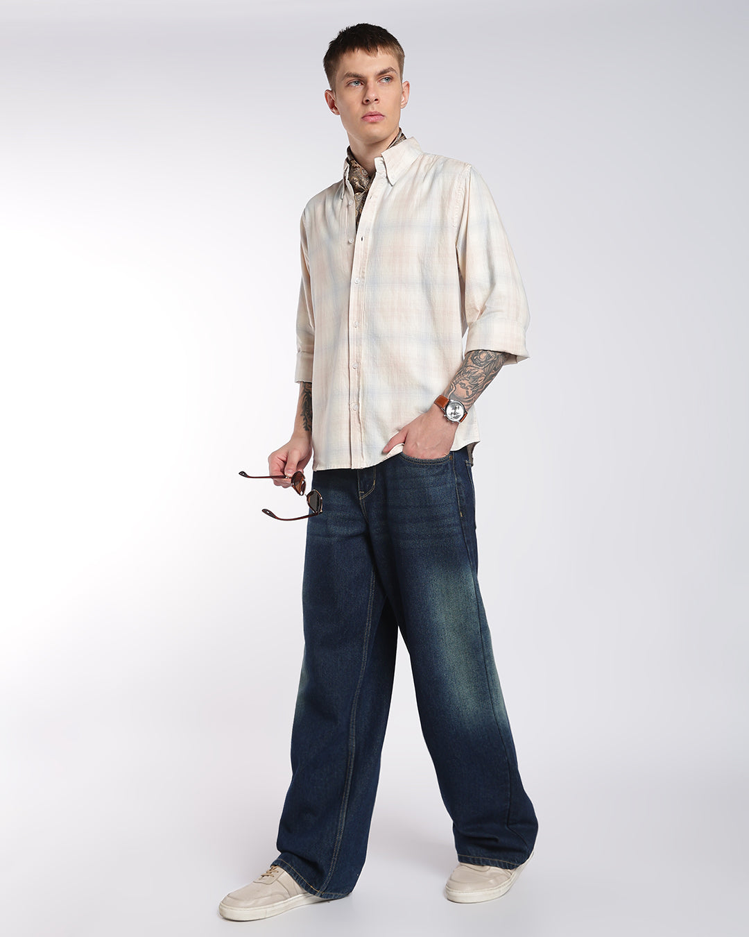 Light Peach & Blue Multi-Check Regular Fit Shirt