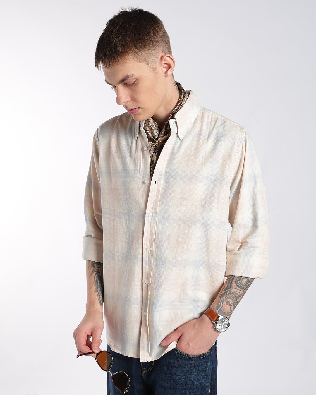 Light Peach & Blue Multi-Check Regular Fit Shirt