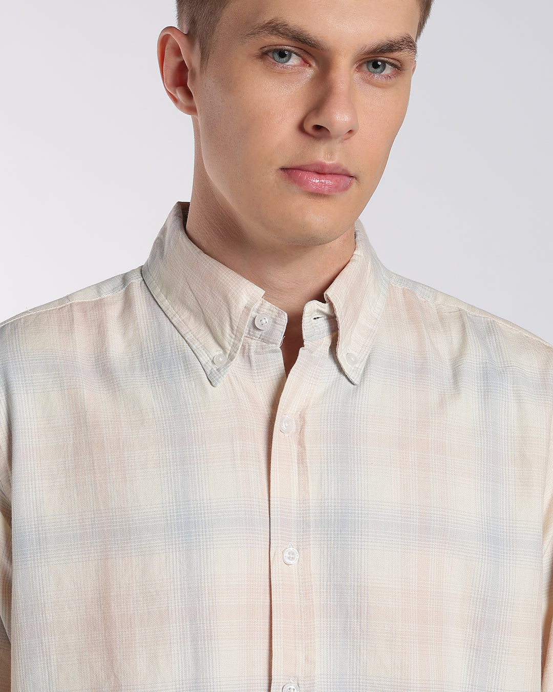 Light Peach & Blue Multi-Check Regular Fit Shirt