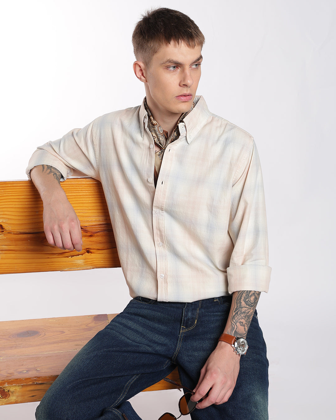 Light Peach & Blue Multi-Check Regular Fit Shirt