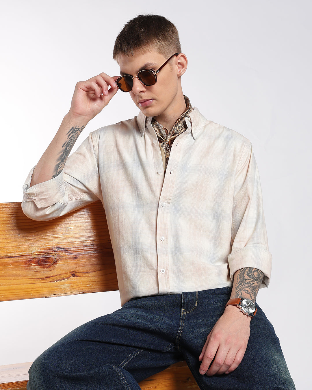 Light Peach & Blue Multi-Check Regular Fit Shirt