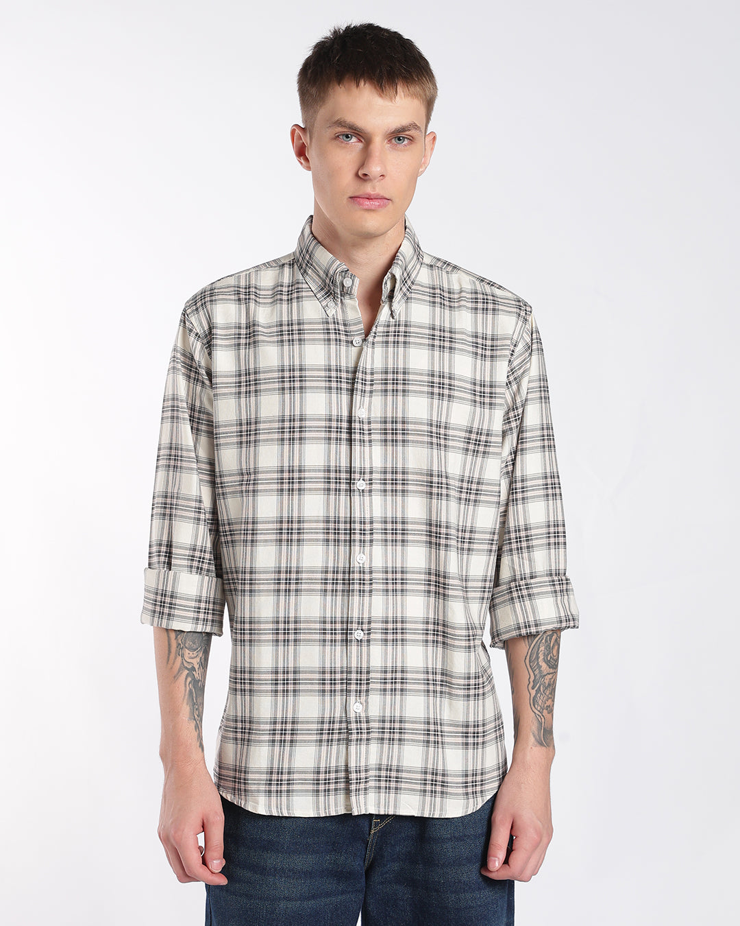 Light Beige Multi-Plaid Button-Down Regular Fit Shirt