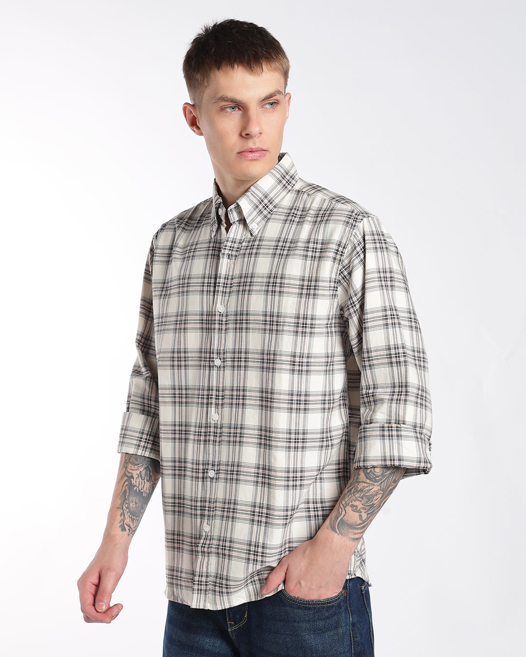 Light Beige Multi-Plaid Button-Down Regular Fit Shirt