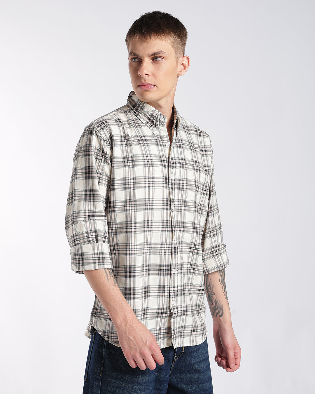 Light Beige Multi-Plaid Button-Down Regular Fit Shirt