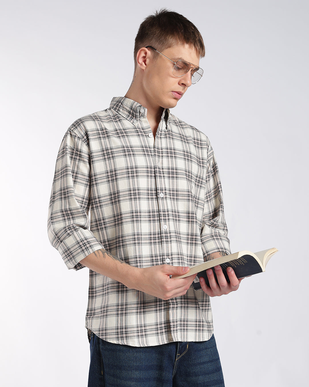 Light Beige Multi-Plaid Button-Down Regular Fit Shirt