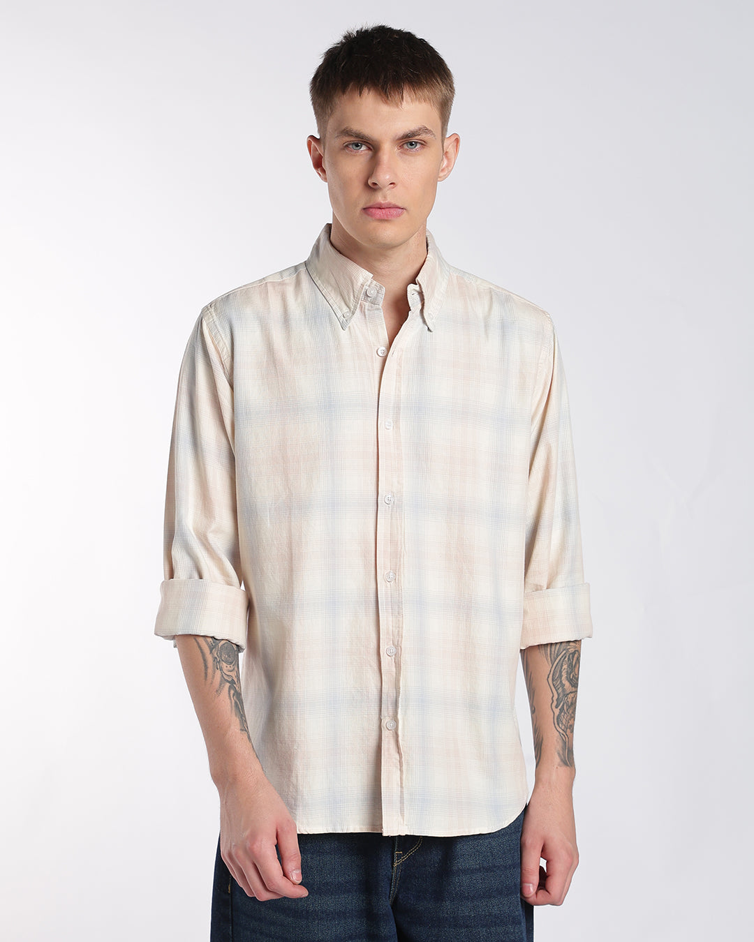 Light Peach & Blue Multi-Check Regular Fit Shirt