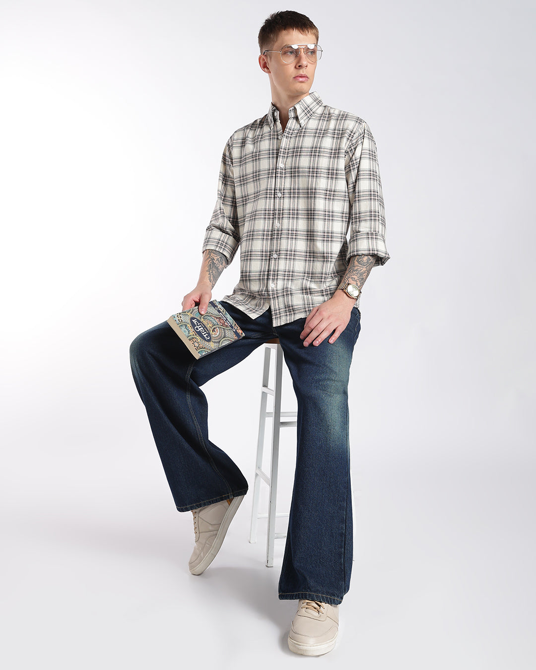 Light Beige Multi-Plaid Button-Down Regular Fit Shirt