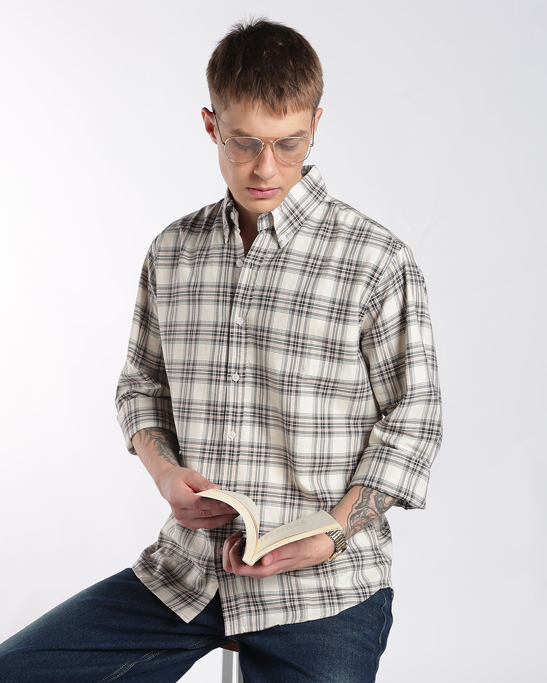Light Beige Multi-Plaid Button-Down Regular Fit Shirt