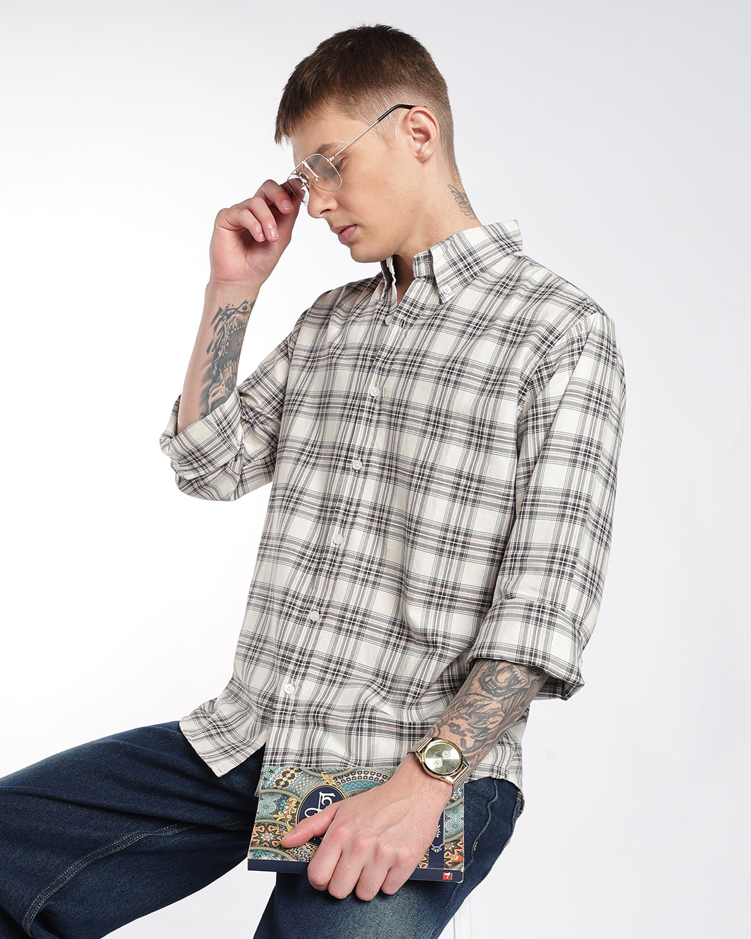 Light Beige Multi-Plaid Button-Down Regular Fit Shirt