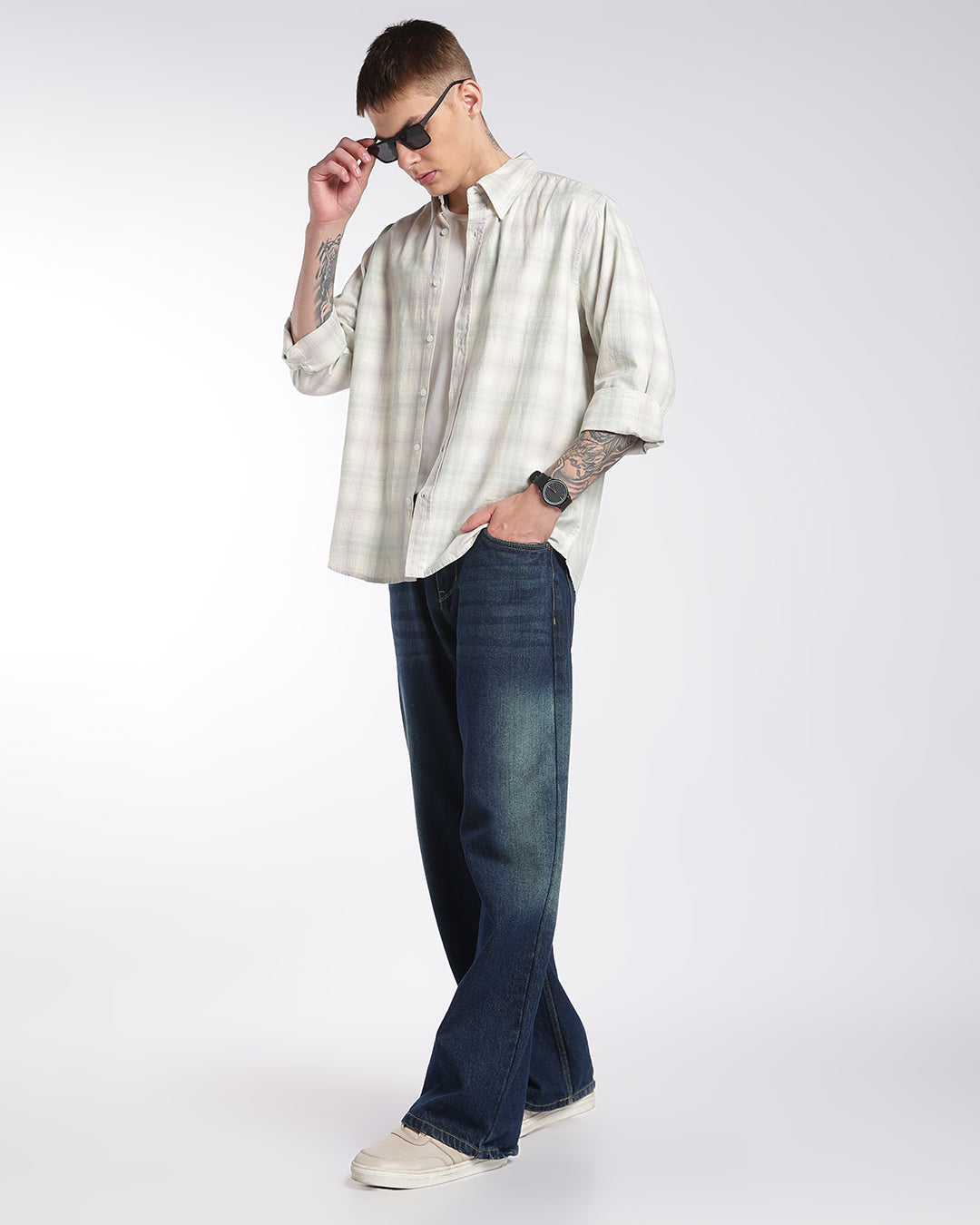 Sage Green & Soft Cream Plaid Regular Fit Shirt