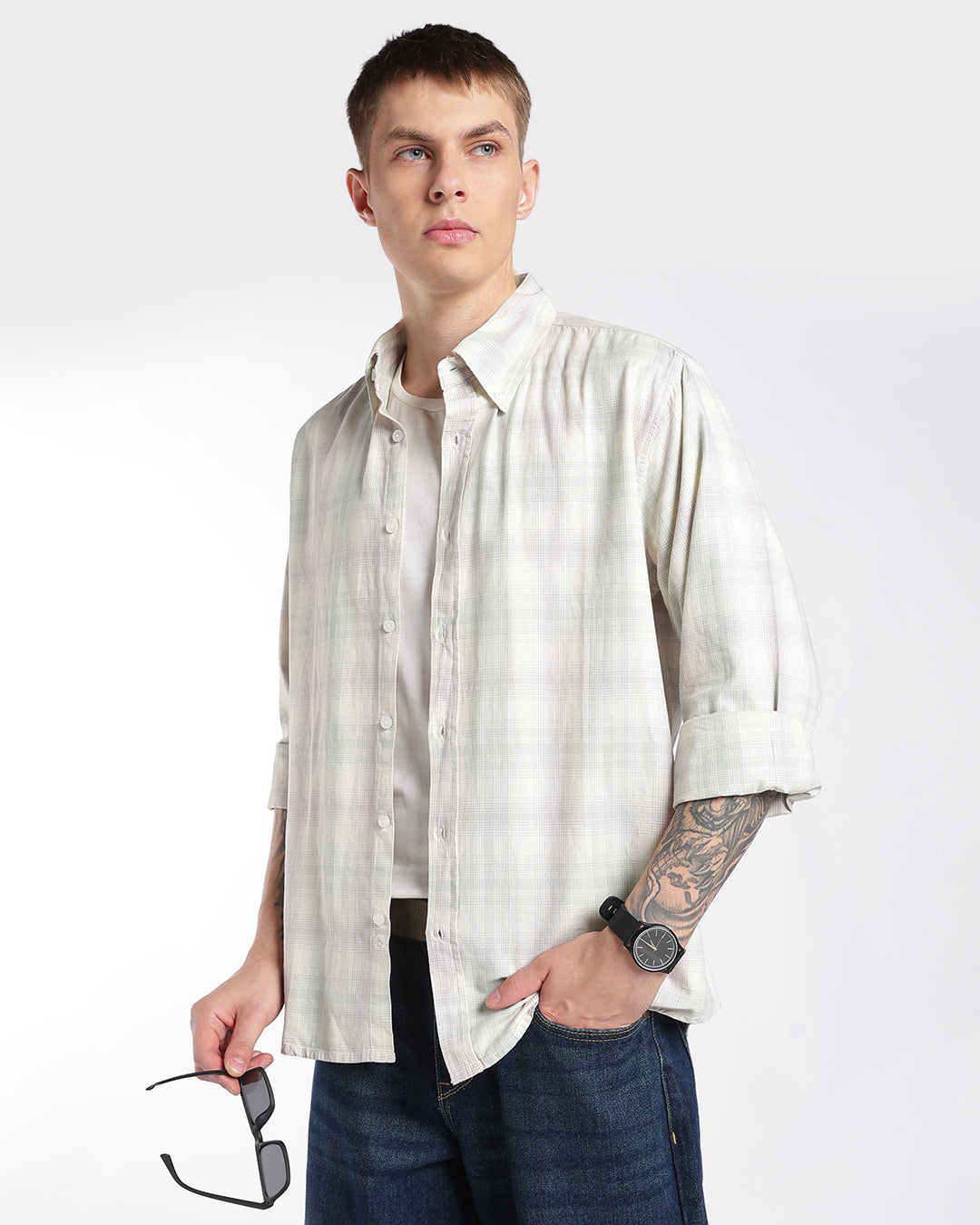 Sage Green & Soft Cream Plaid Regular Fit Shirt