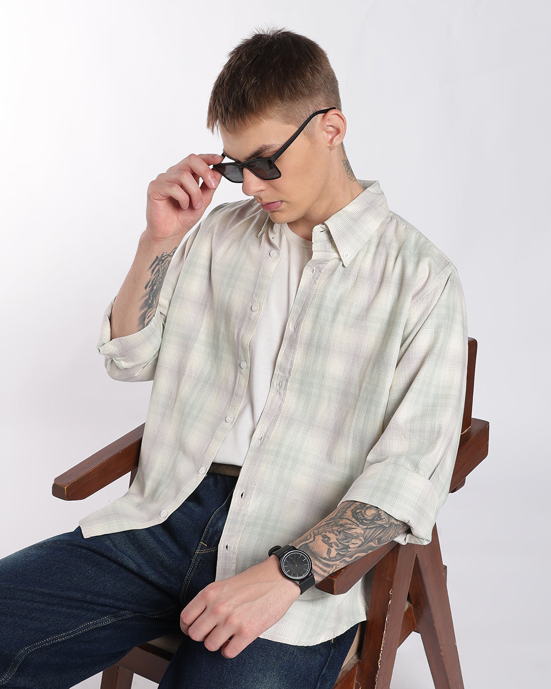 Sage Green & Soft Cream Plaid Regular Fit Shirt