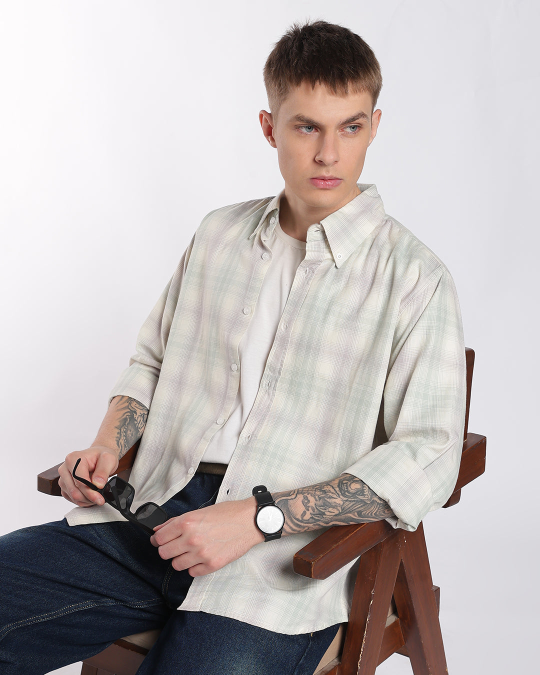 Sage Green & Soft Cream Plaid Regular Fit Shirt