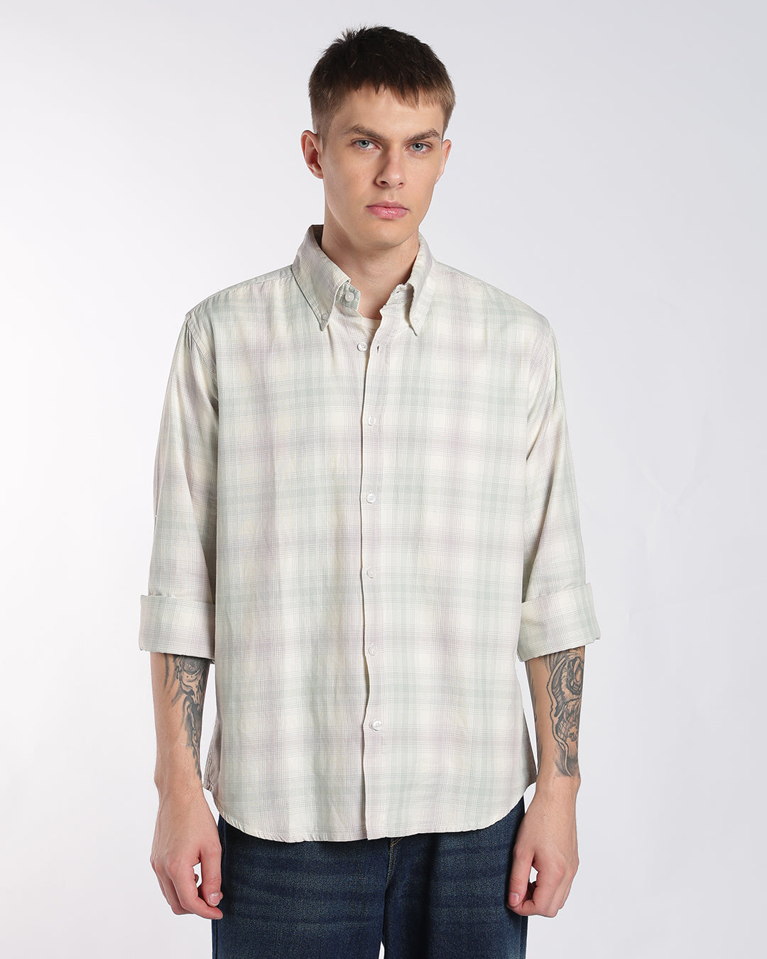 Sage Green & Soft Cream Plaid Regular Fit Shirt