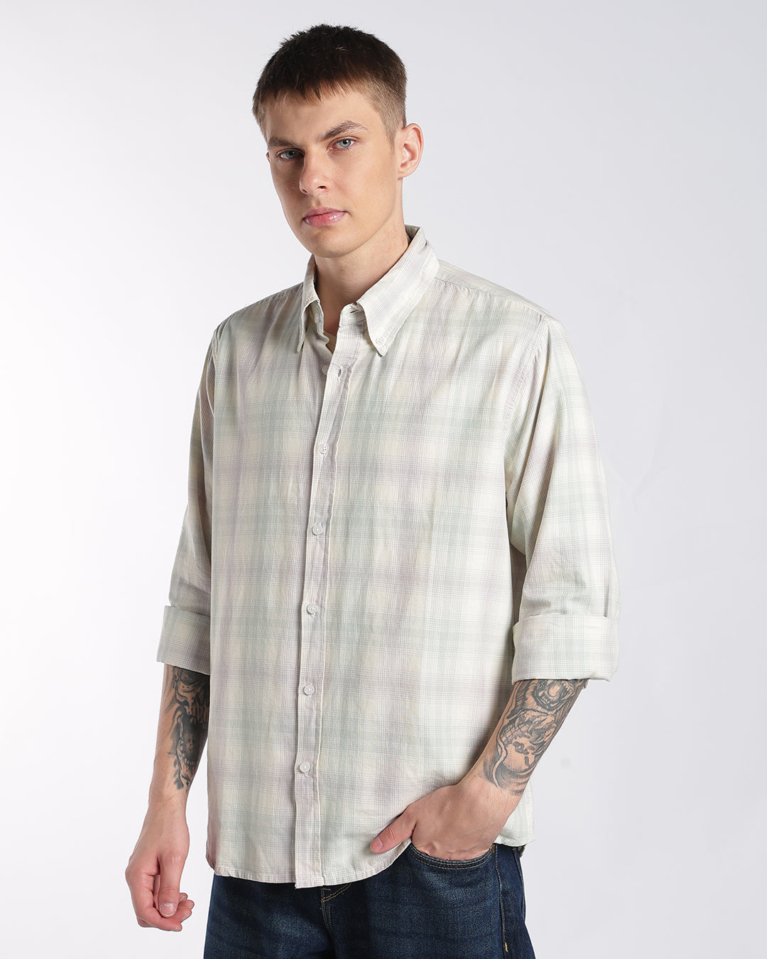 Sage Green & Soft Cream Plaid Regular Fit Shirt