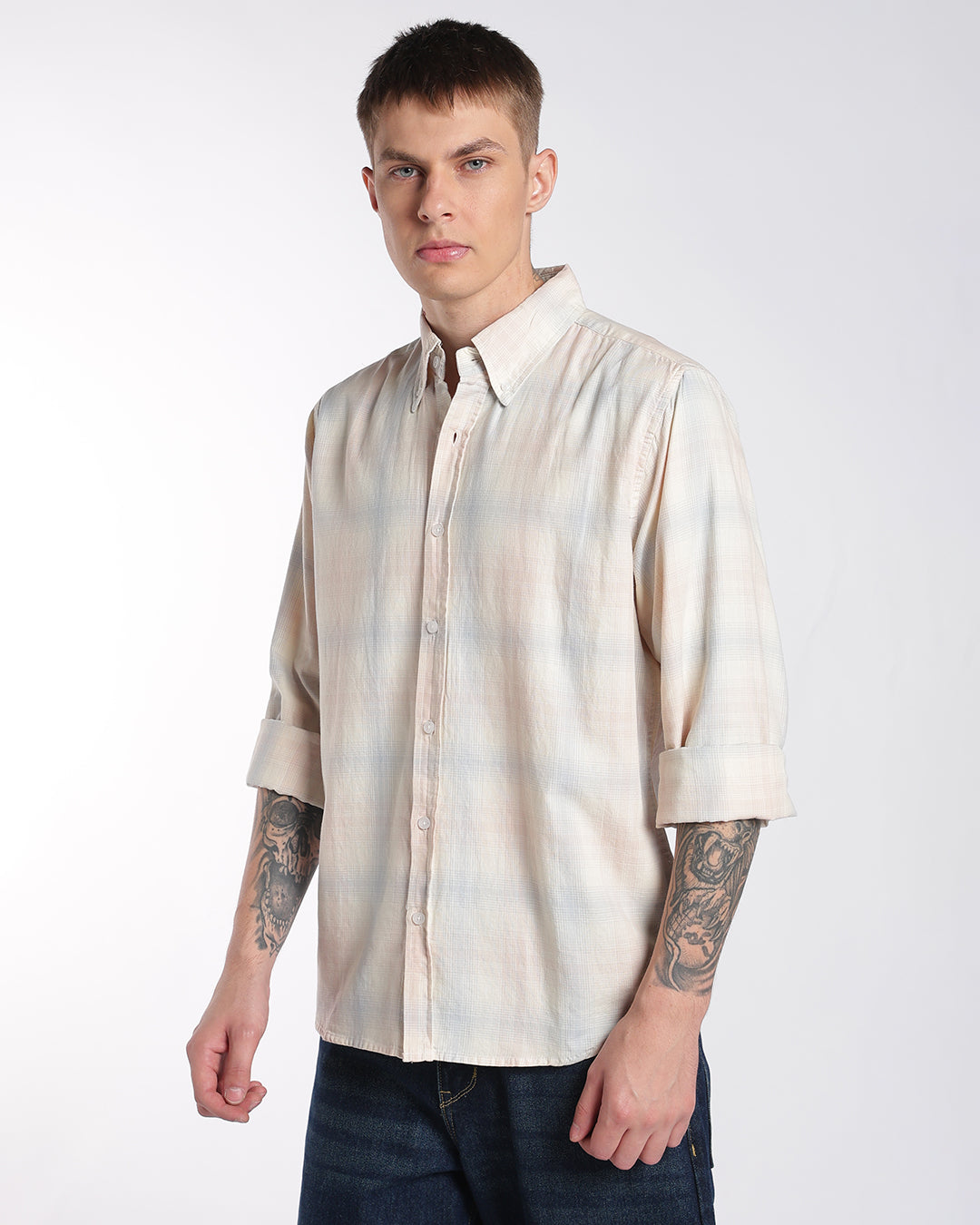 Light Peach & Blue Multi-Check Regular Fit Shirt