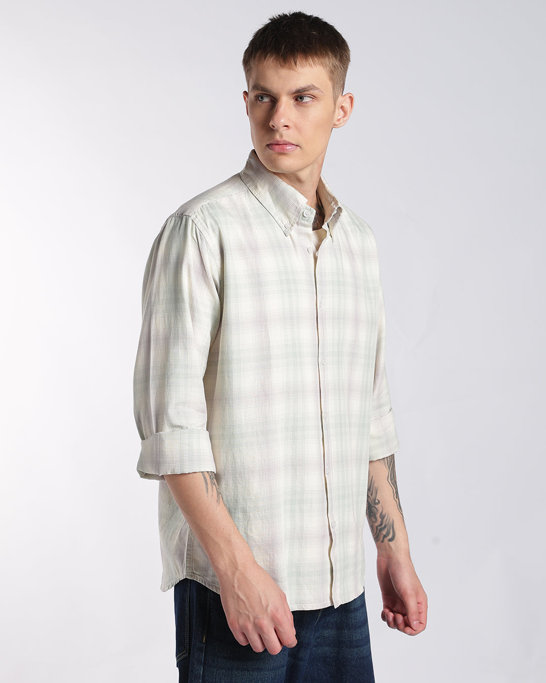 Sage Green & Soft Cream Plaid Regular Fit Shirt