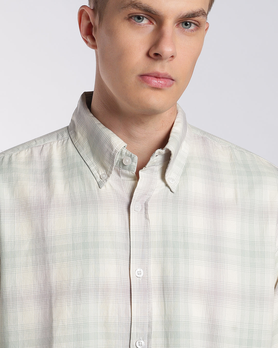 Sage Green & Soft Cream Plaid Regular Fit Shirt