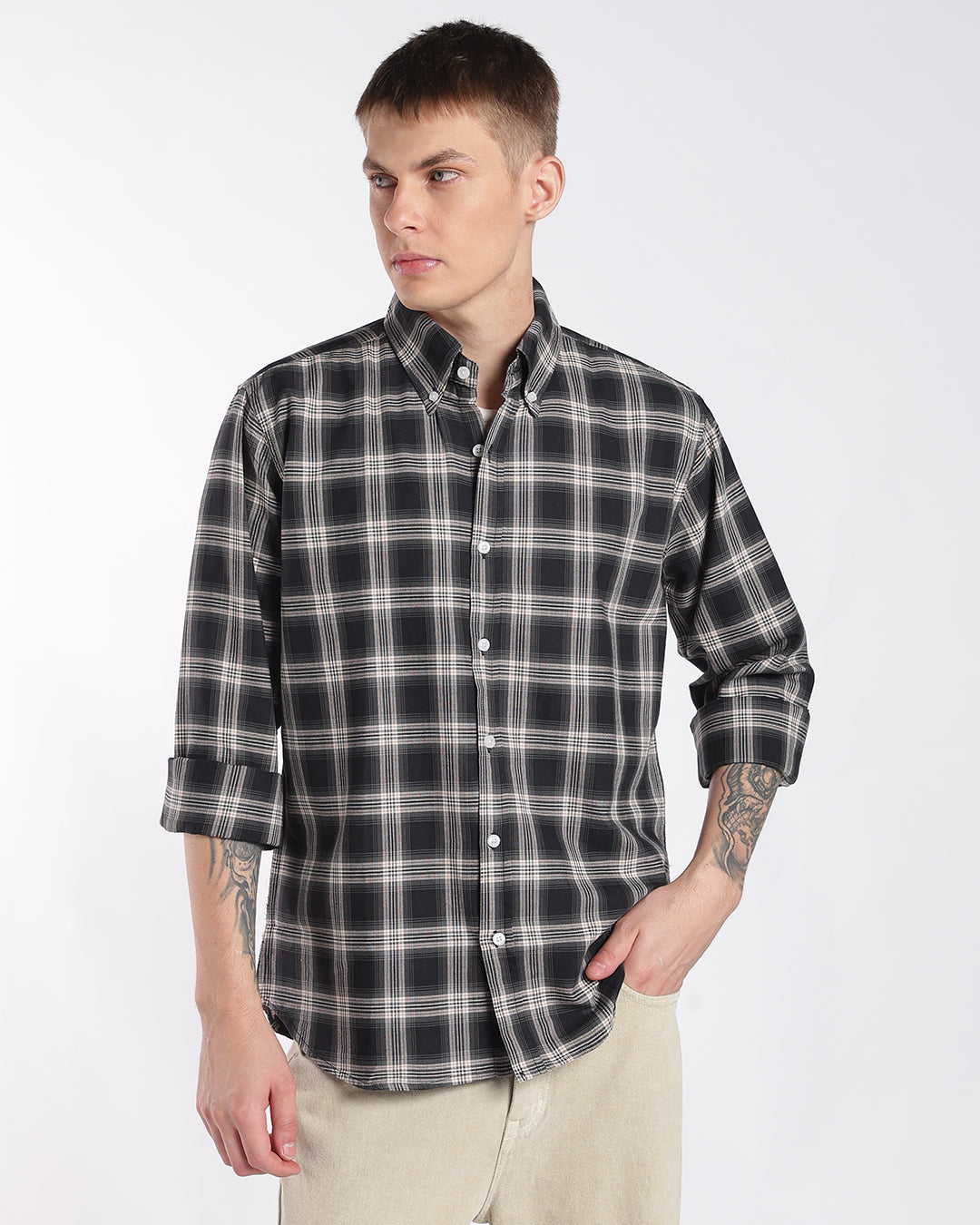 Charcoal & Cream Button-Down Plaid Regular Fit Shirt