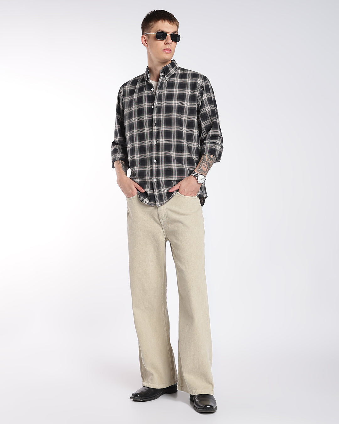 Charcoal & Cream Button-Down Plaid Regular Fit Shirt