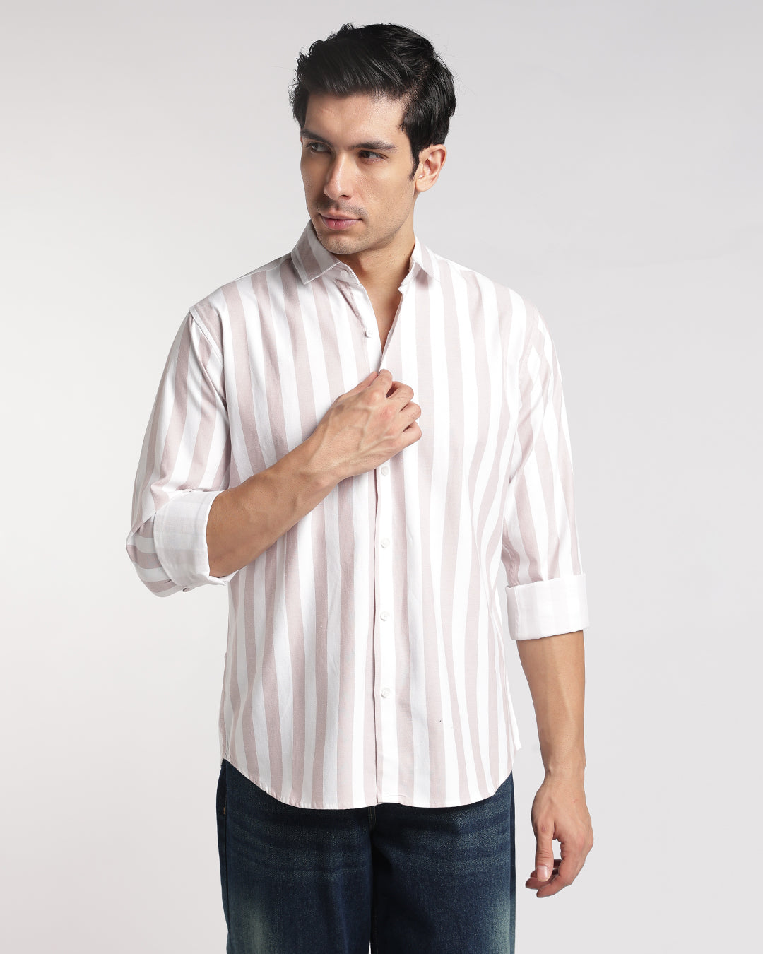 Classic Beige & White Vertical Stripe Shirt
