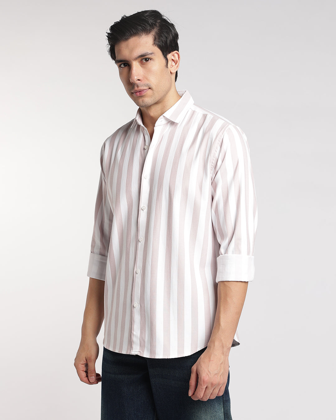 Classic Beige & White Vertical Stripe Shirt