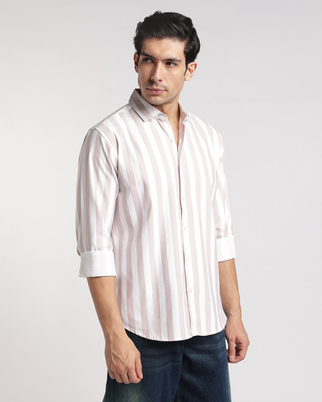 Classic Beige & White Vertical Stripe Shirt