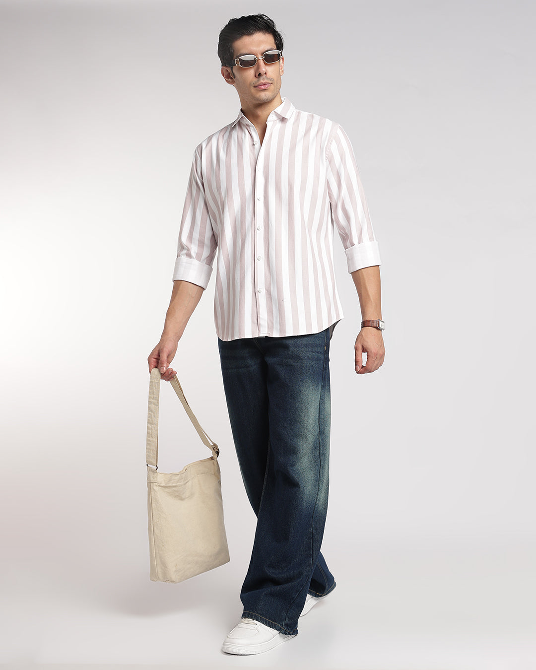 Classic Beige & White Vertical Stripe Shirt