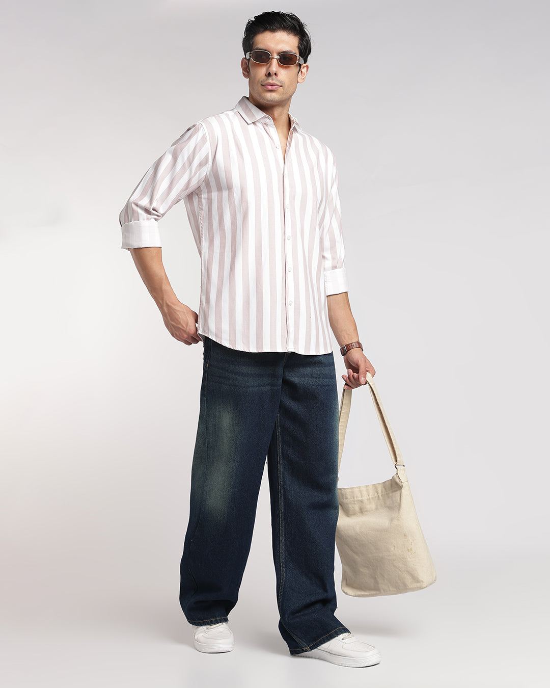 Classic Beige & White Vertical Stripe Shirt