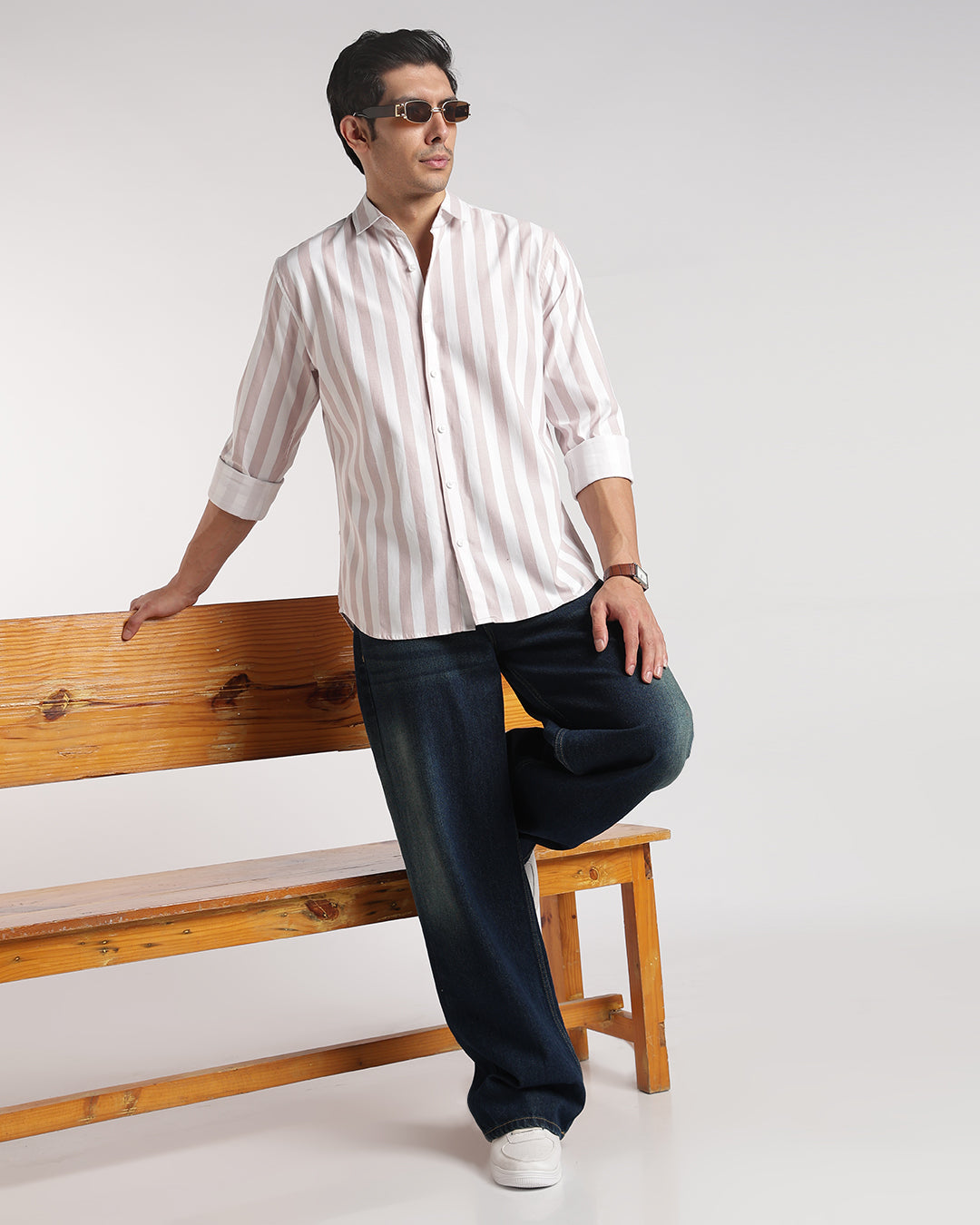 Classic Beige & White Vertical Stripe Shirt