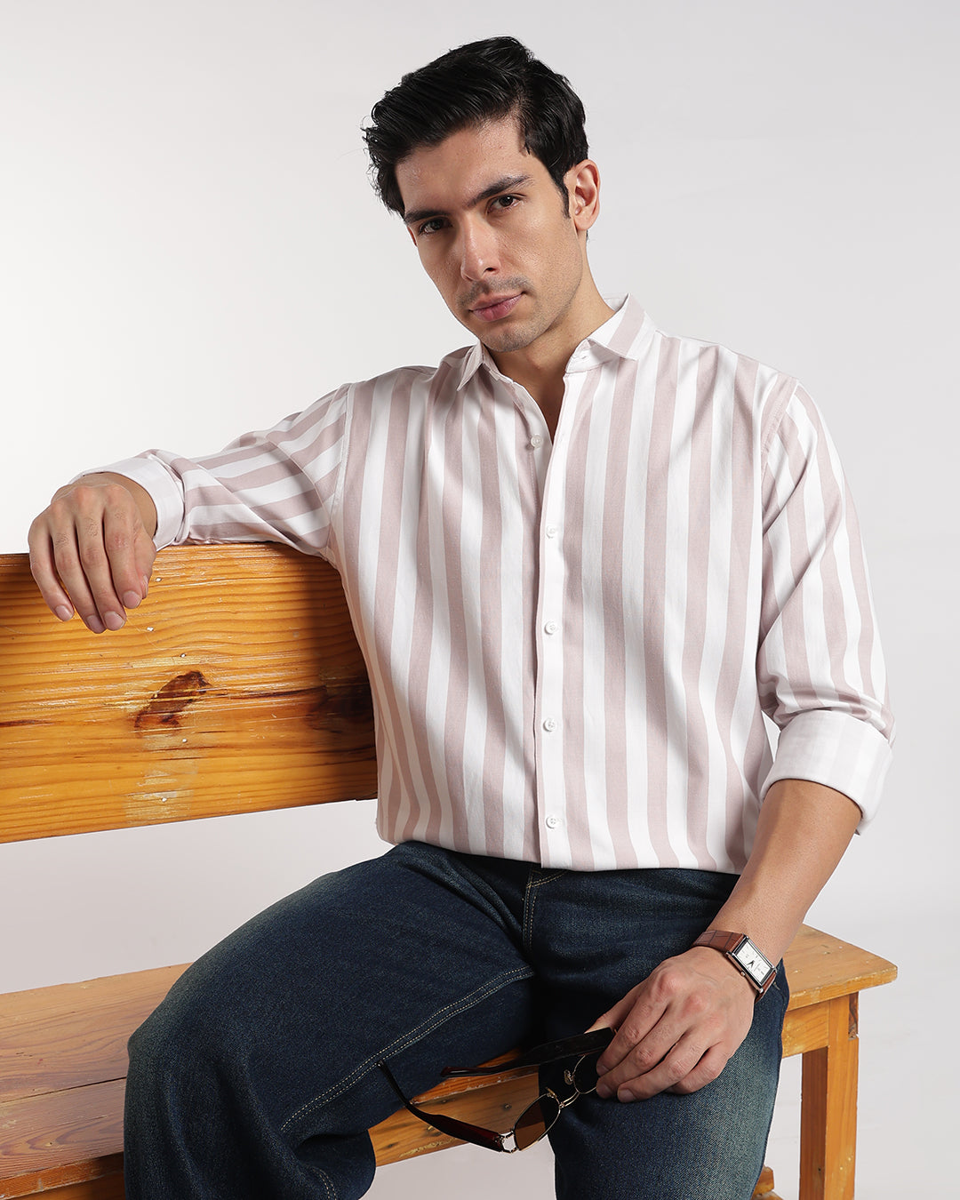 Classic Beige & White Vertical Stripe Shirt