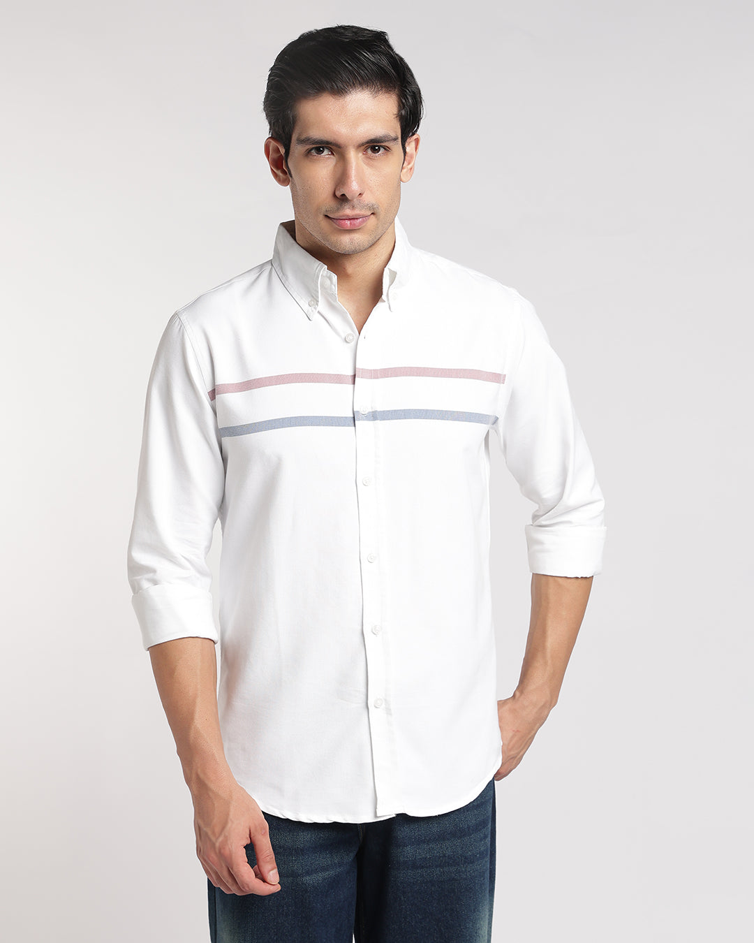 Classic White horizontal Stripe Button Down Shirt