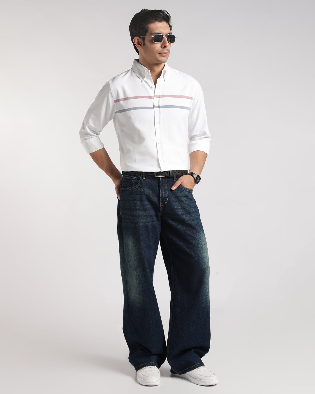 Classic White horizontal Stripe Button Down Shirt