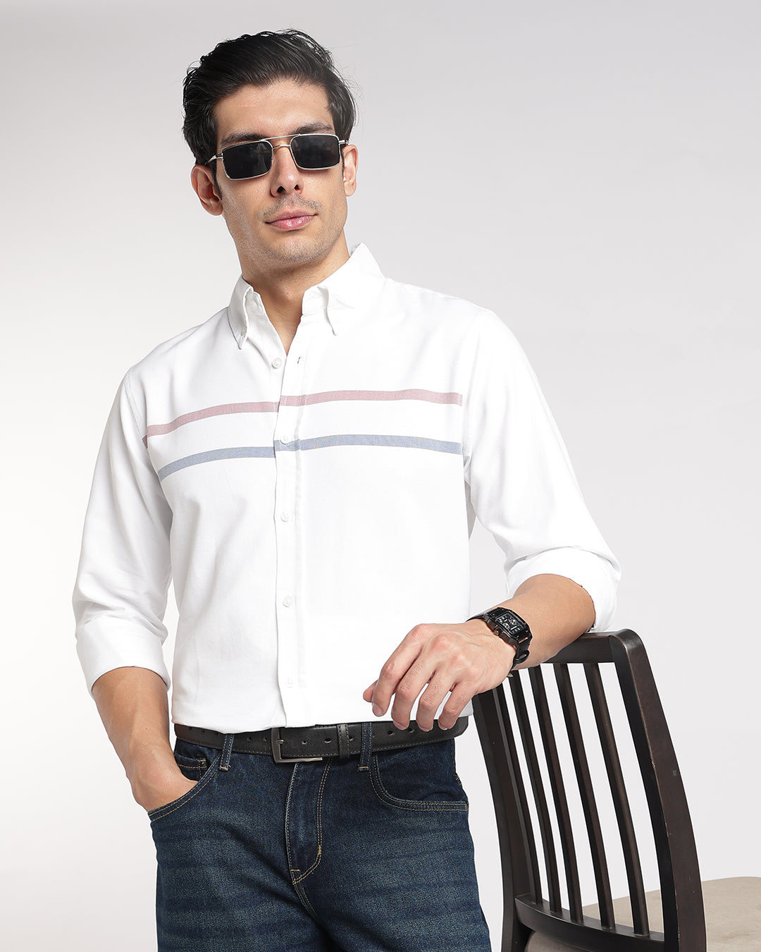 Classic White horizontal Stripe Button Down Shirt