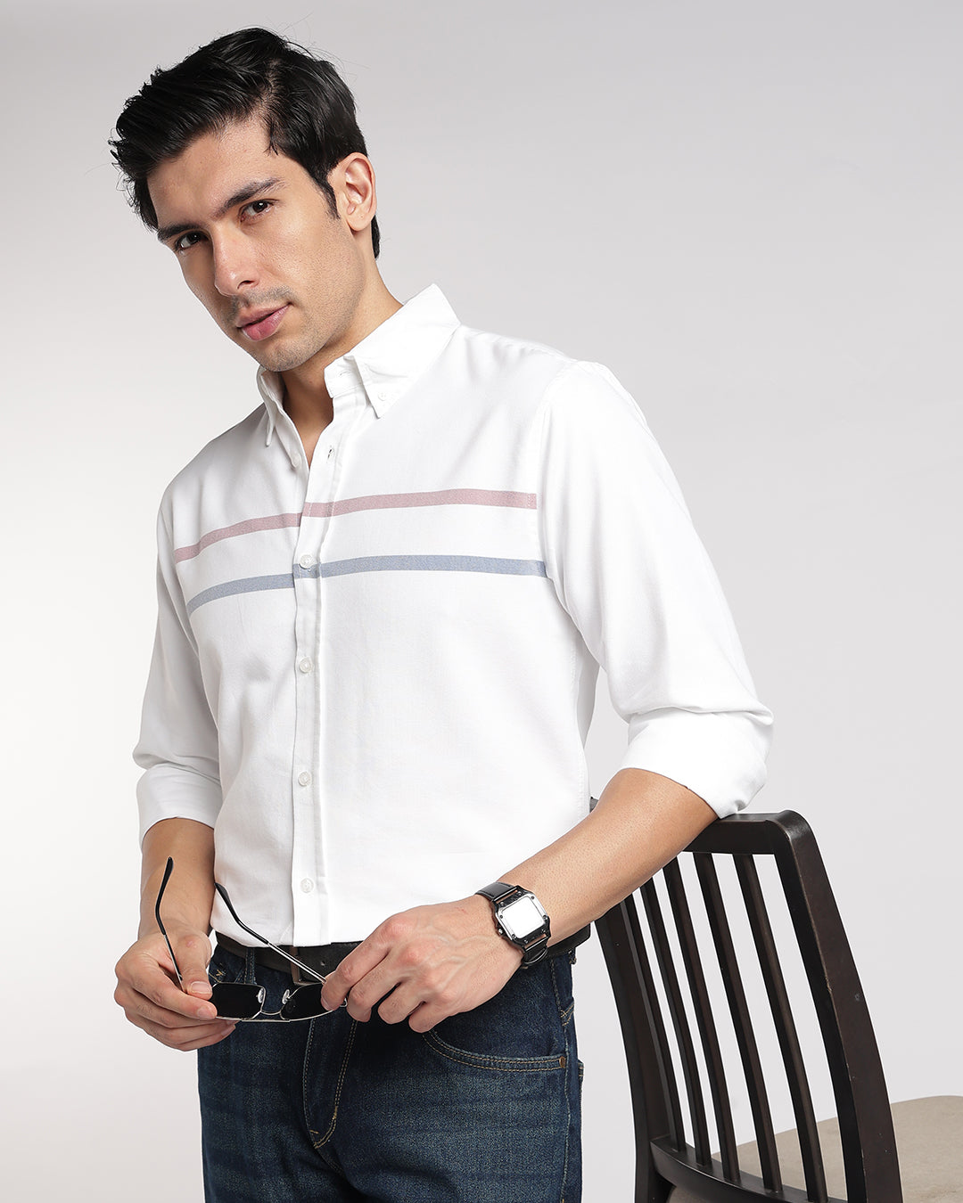 Classic White horizontal Stripe Button Down Shirt