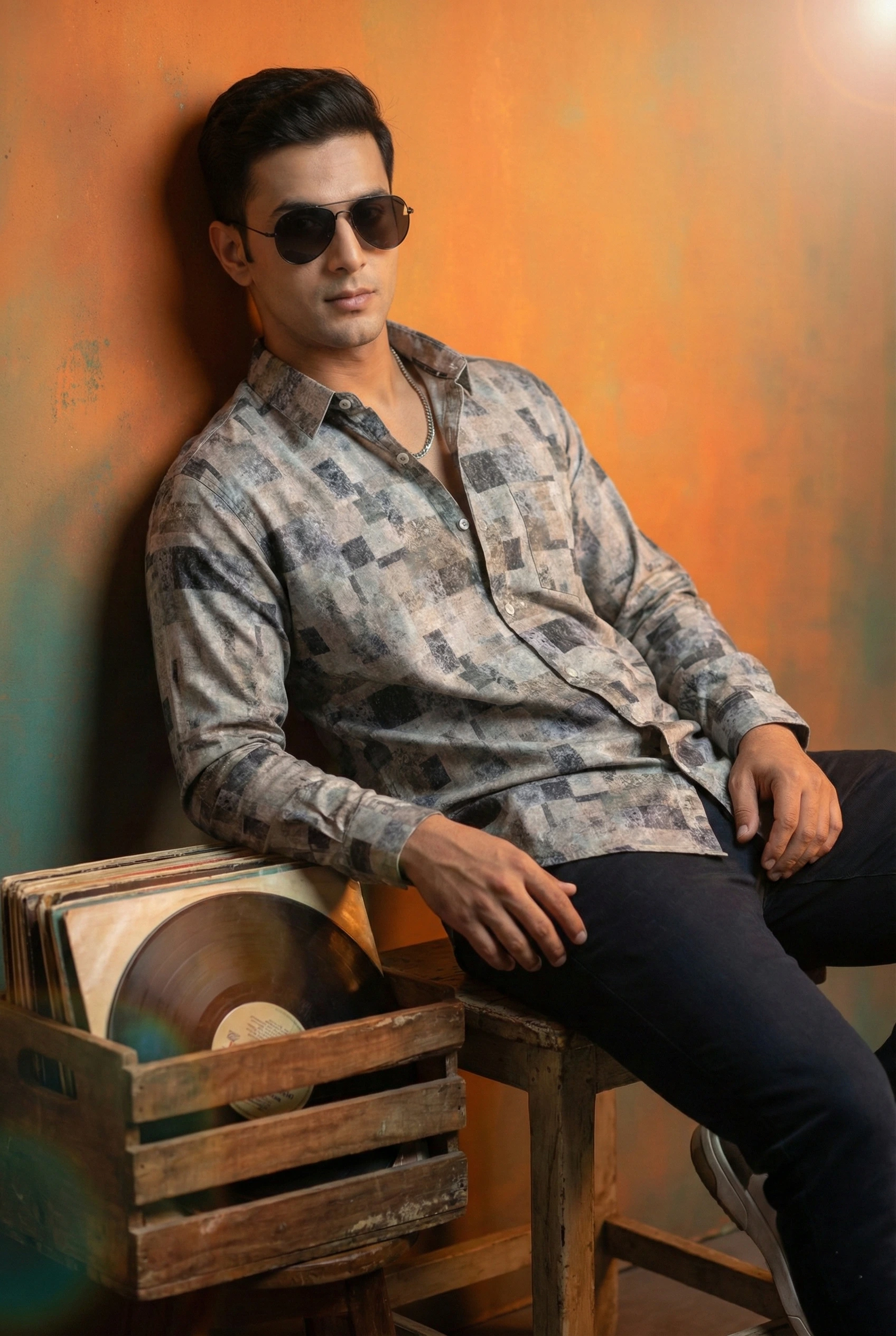 LIGHT BEIGE GEOMETRIC PRINTED SHIRT