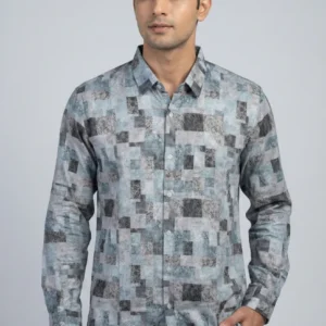 MUTED BLUE ASH GREY GEOMETRIC PRINTED SHIRT