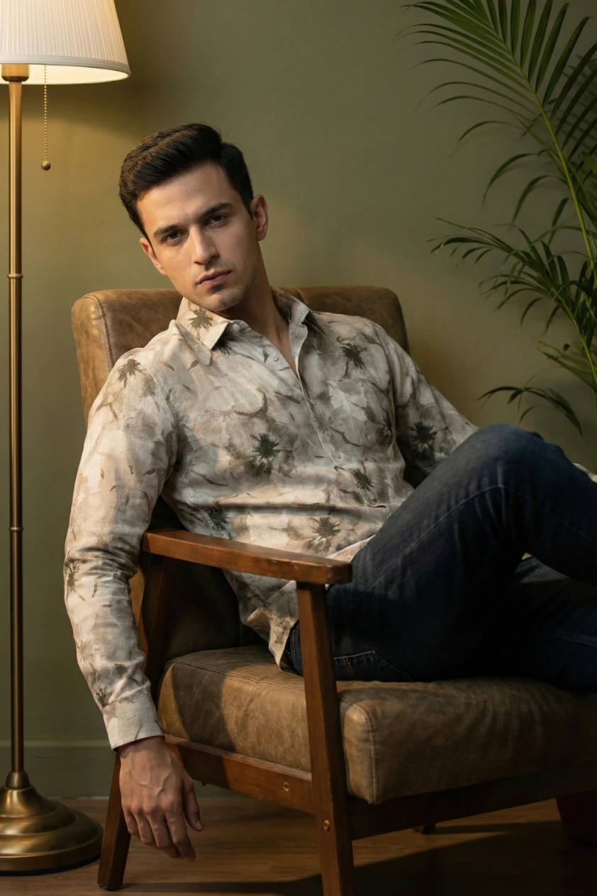 Olive Green Floral Print Shirt