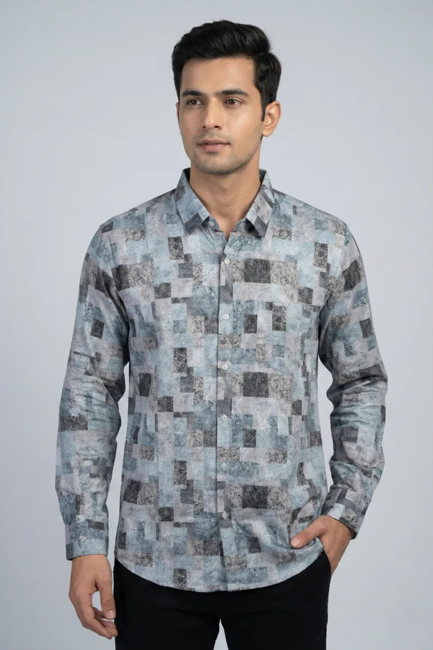 MUTED BLUE ASH GREY GEOMETRIC PRINTED SHIRT